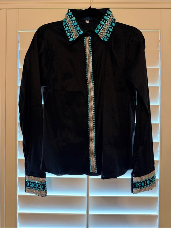 Agava Tops - Agava Black Taffeta Show Shirt with Turquoise Bead Embellishments